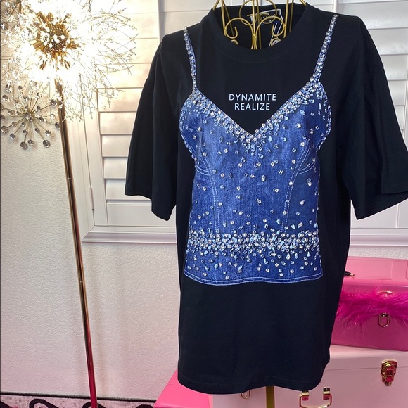 Rhinestone Denim Illusion Tee - Picture 1 of 5